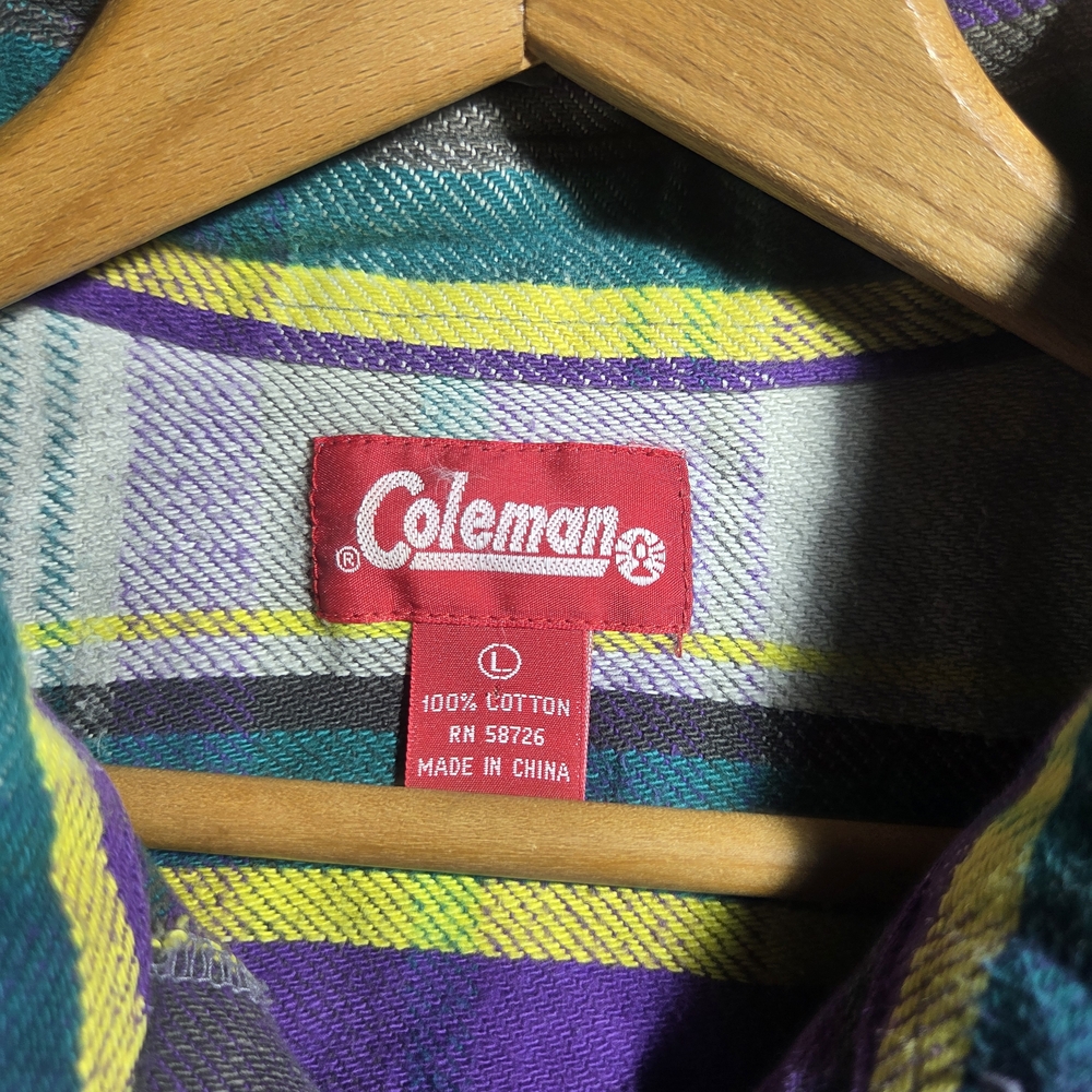 Coleman Mens Flannel Shirt Large L Plaid Cotton Purple Yellow Green Long Sleeve - Picture 8 of 9